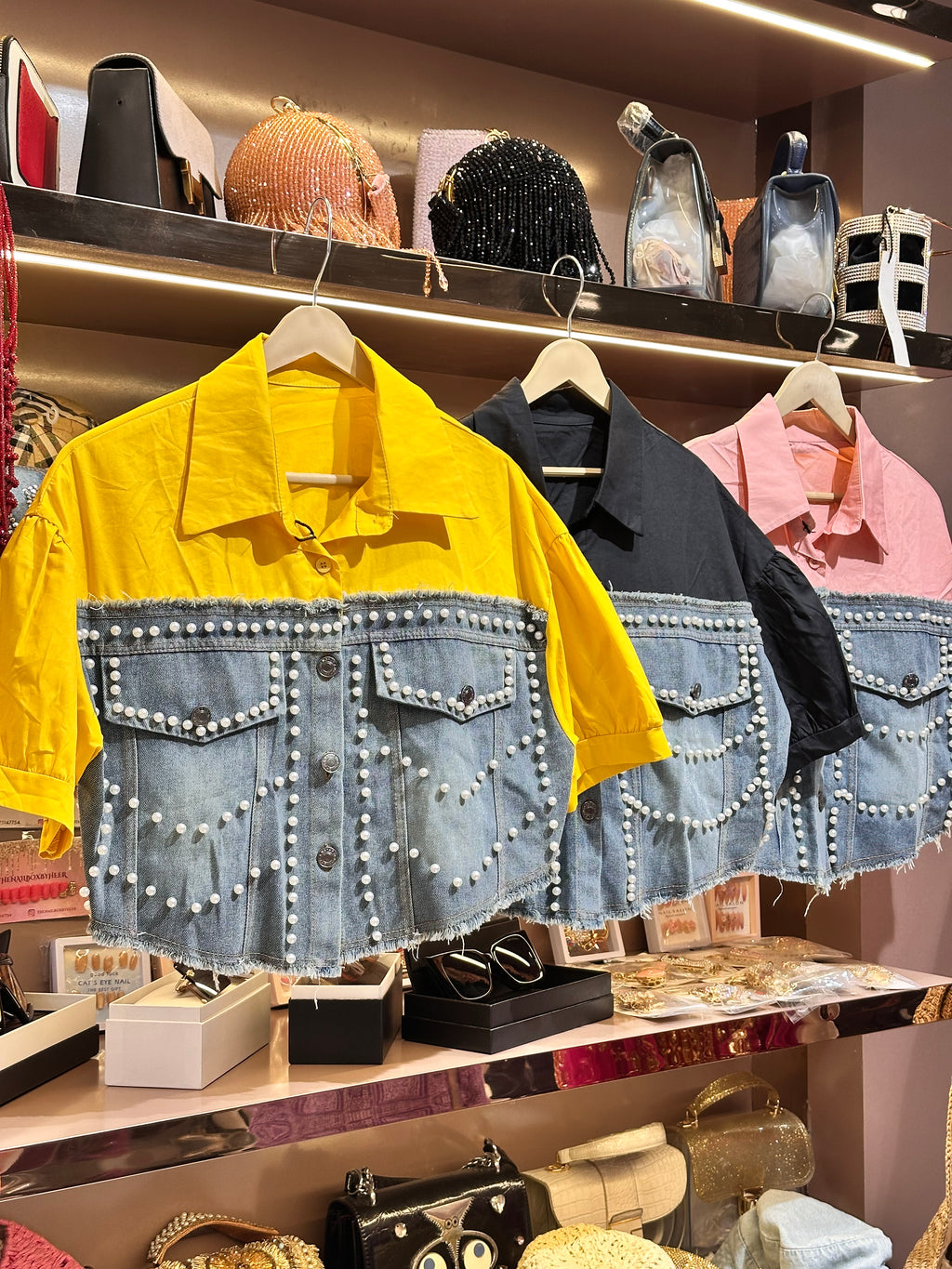 Pearl Studded Denim Panel Shirt for Women | Statement Denim Detail Shirt