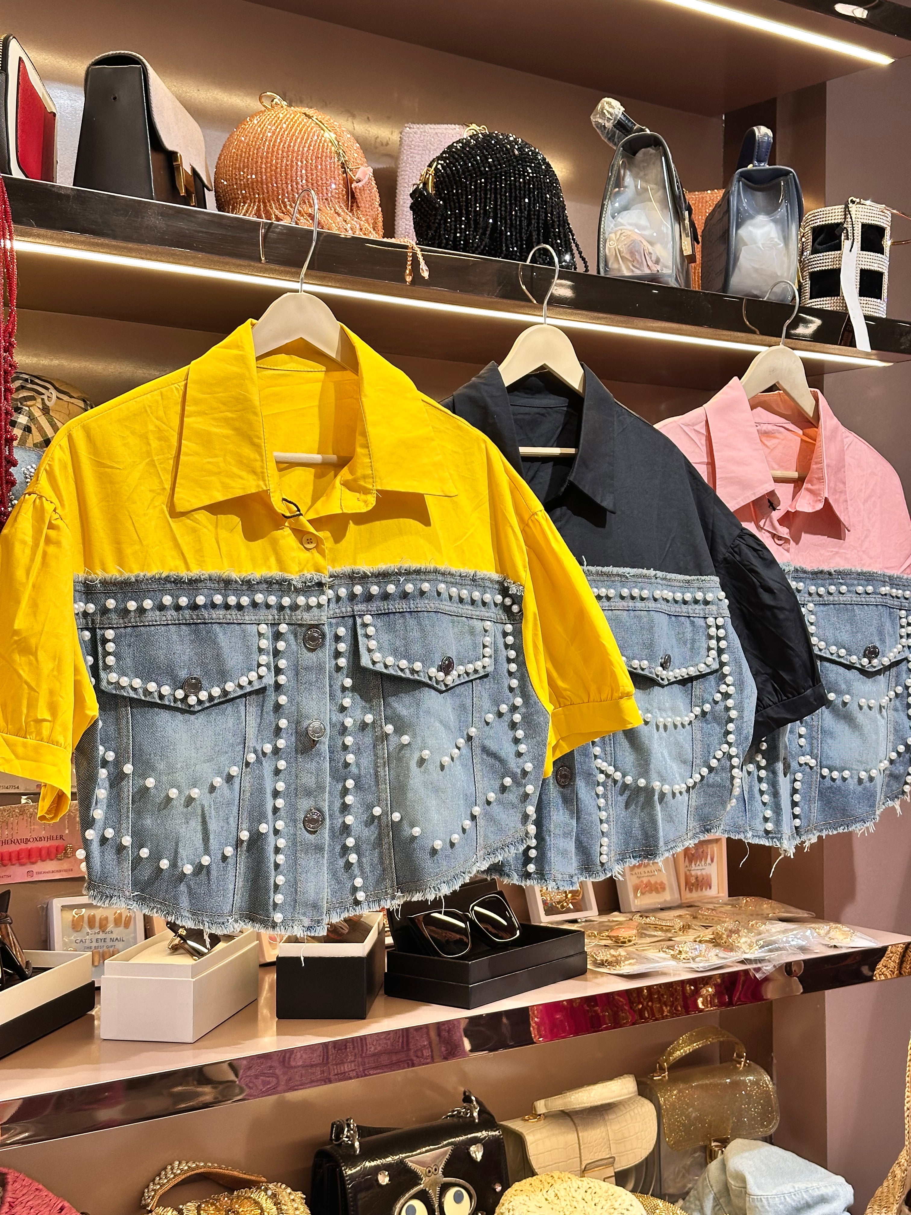 Pearl Studded Denim Panel Shirt for Women | Statement Denim Detail Shirt
