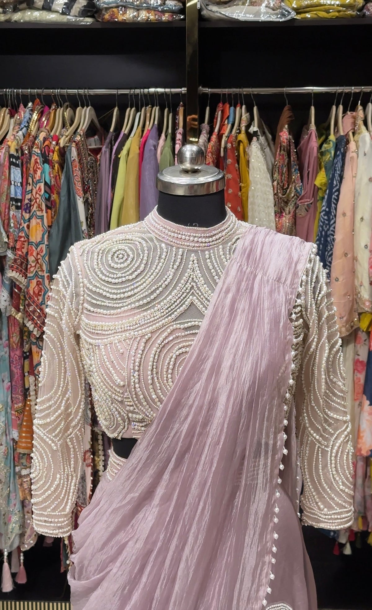 Pre-Draped Tiered Ruffle Saree with Pearl-Embellished Blouse