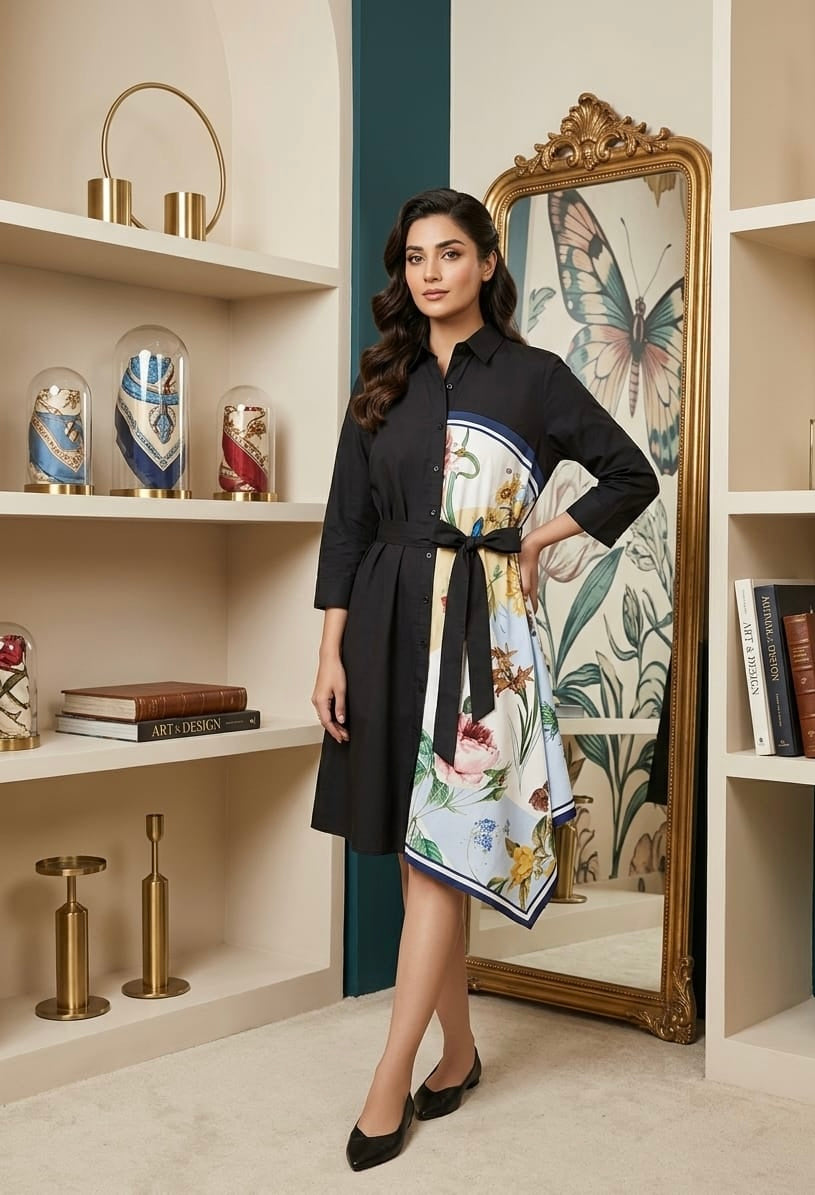 Luxury Scarf Print Belted Shirt Dress