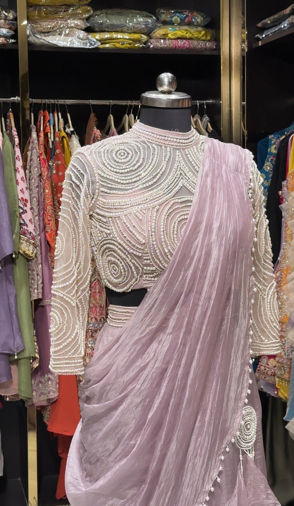 Pre-Draped Tiered Ruffle Saree with Pearl-Embellished Blouse