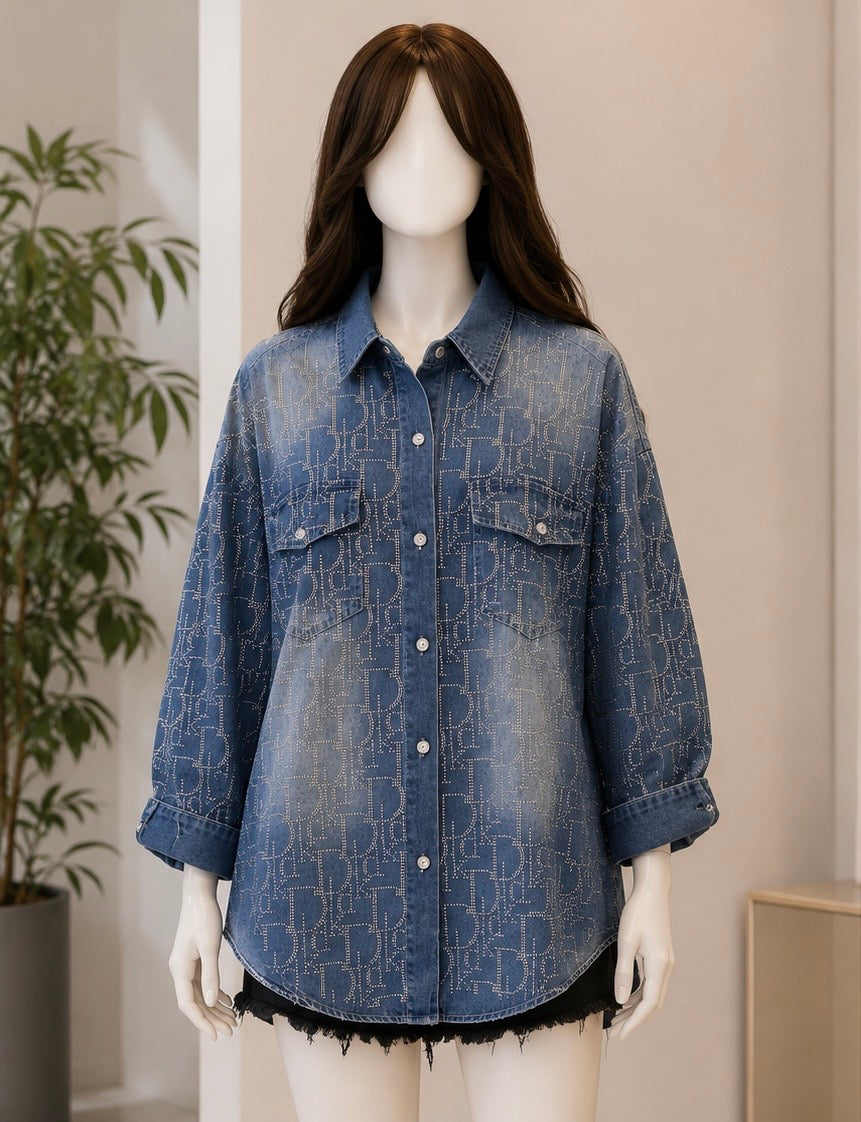 Embellished Denim Oversized Shirt