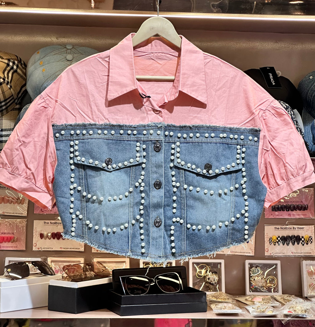 Pearl Studded Denim Panel Shirt for Women | Statement Denim Detail Shirt