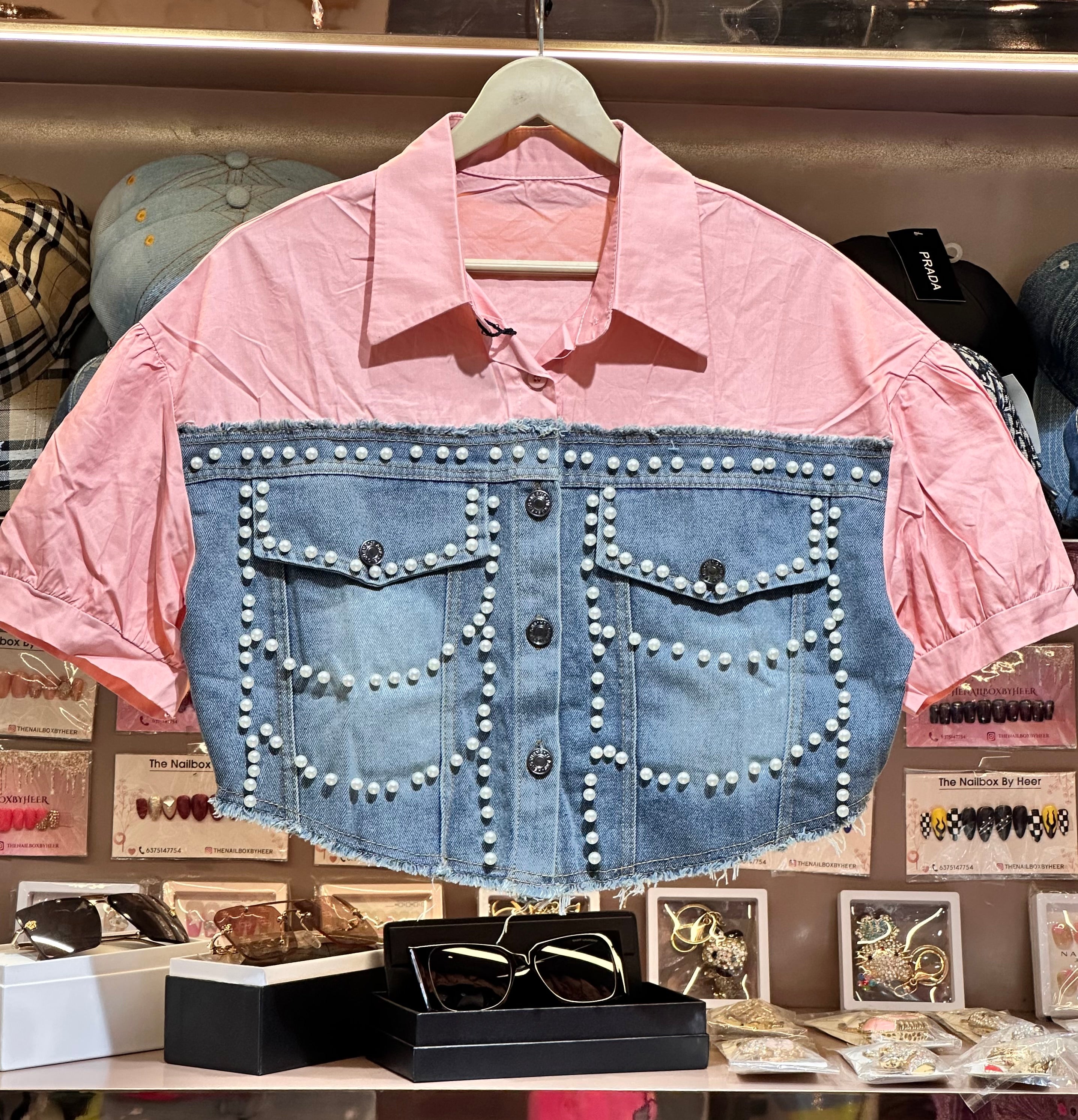 Pearl Studded Denim Panel Shirt for Women | Statement Denim Detail Shirt