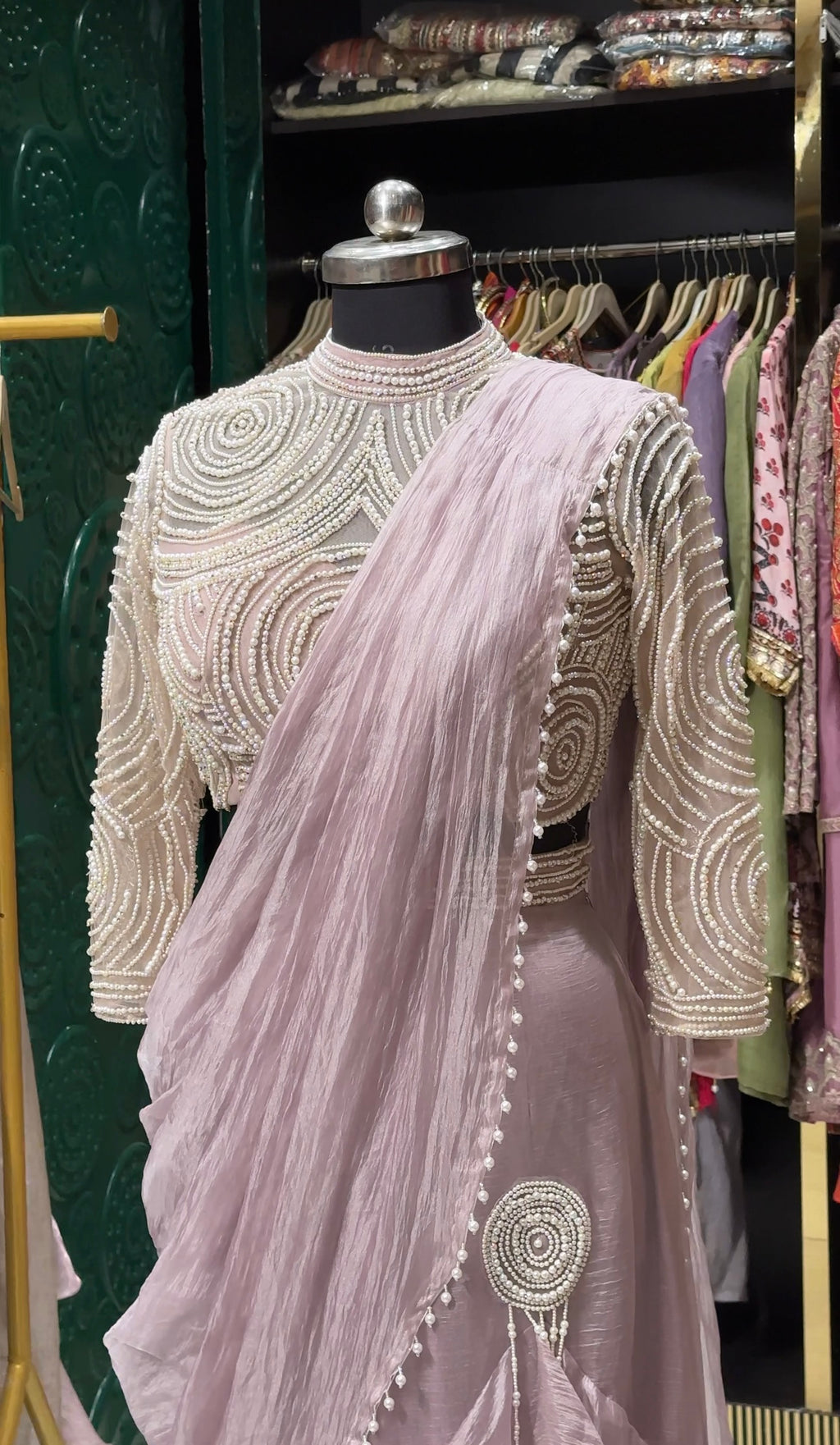 Pre-Draped Tiered Ruffle Saree with Pearl-Embellished Blouse
