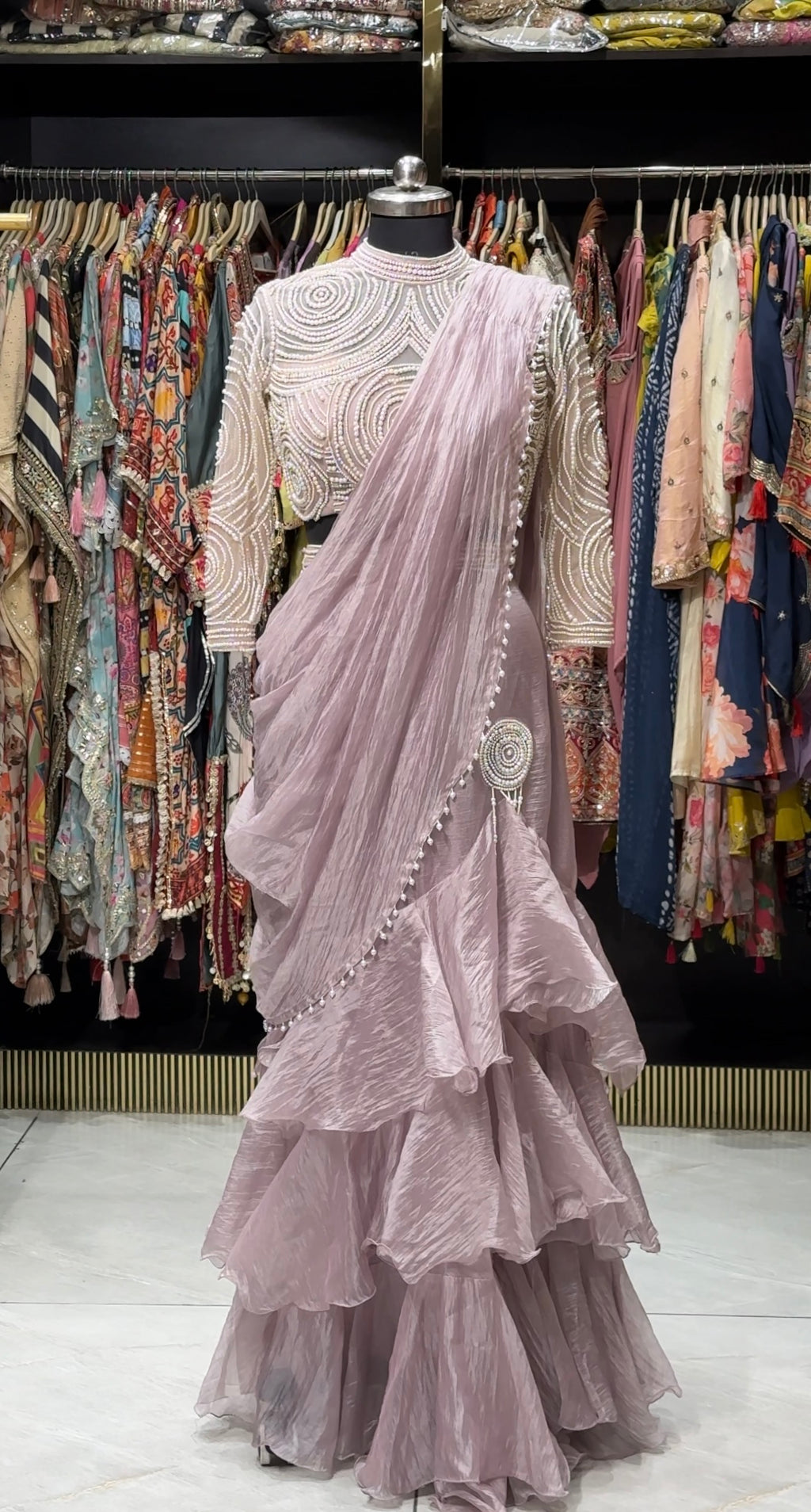 Pre-Draped Tiered Ruffle Saree with Pearl-Embellished Blouse