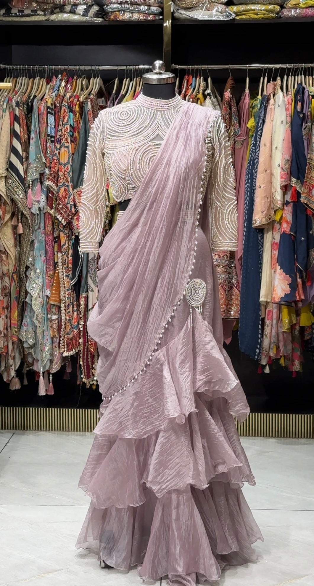 Pre-Draped Tiered Ruffle Saree with Pearl-Embellished Blouse