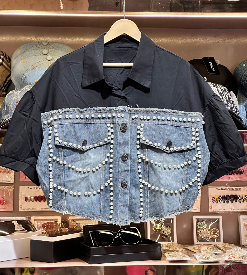 Pearl Studded Denim Panel Shirt for Women | Statement Denim Detail Shirt