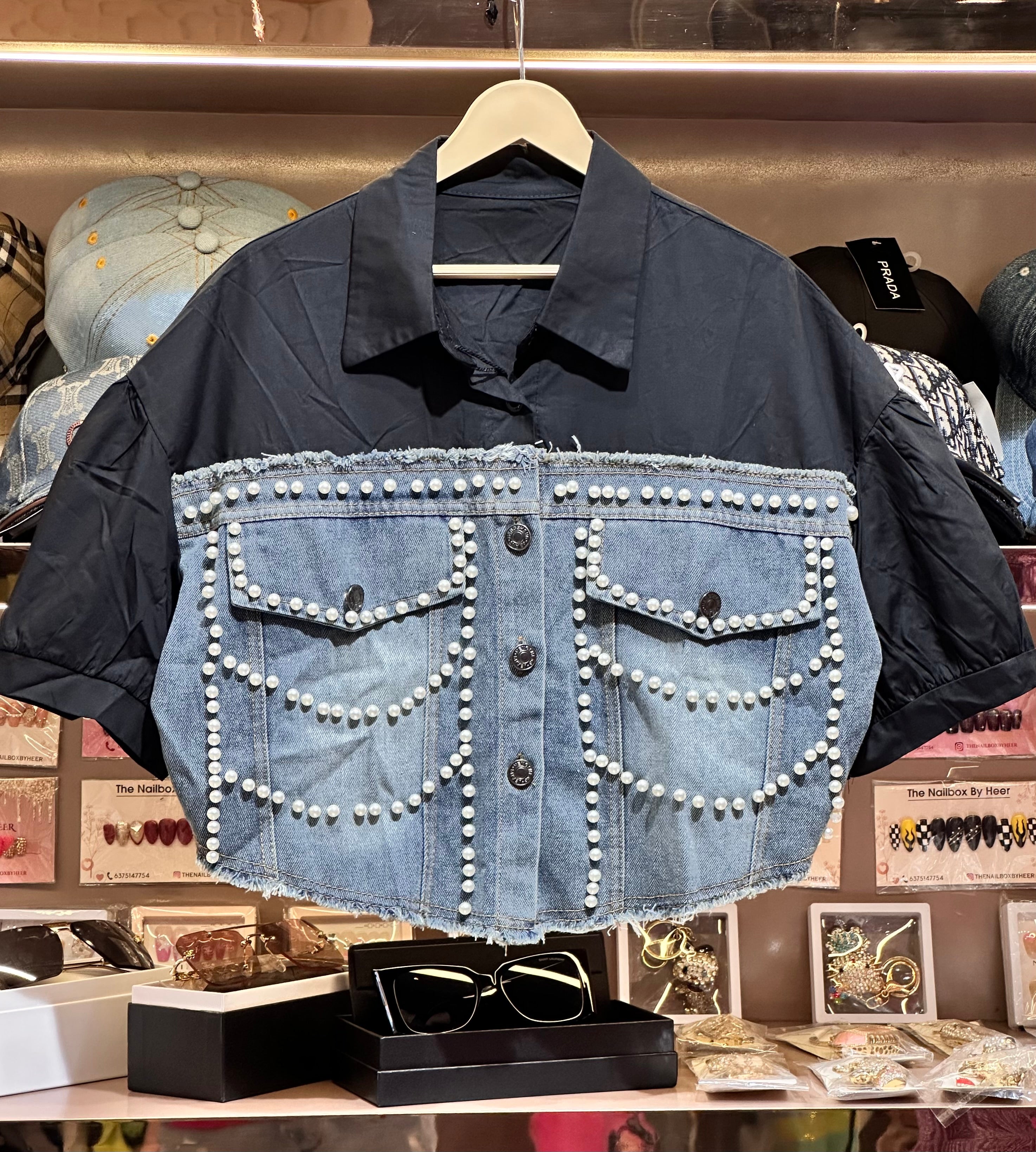 Pearl Studded Denim Panel Shirt for Women | Statement Denim Detail Shirt